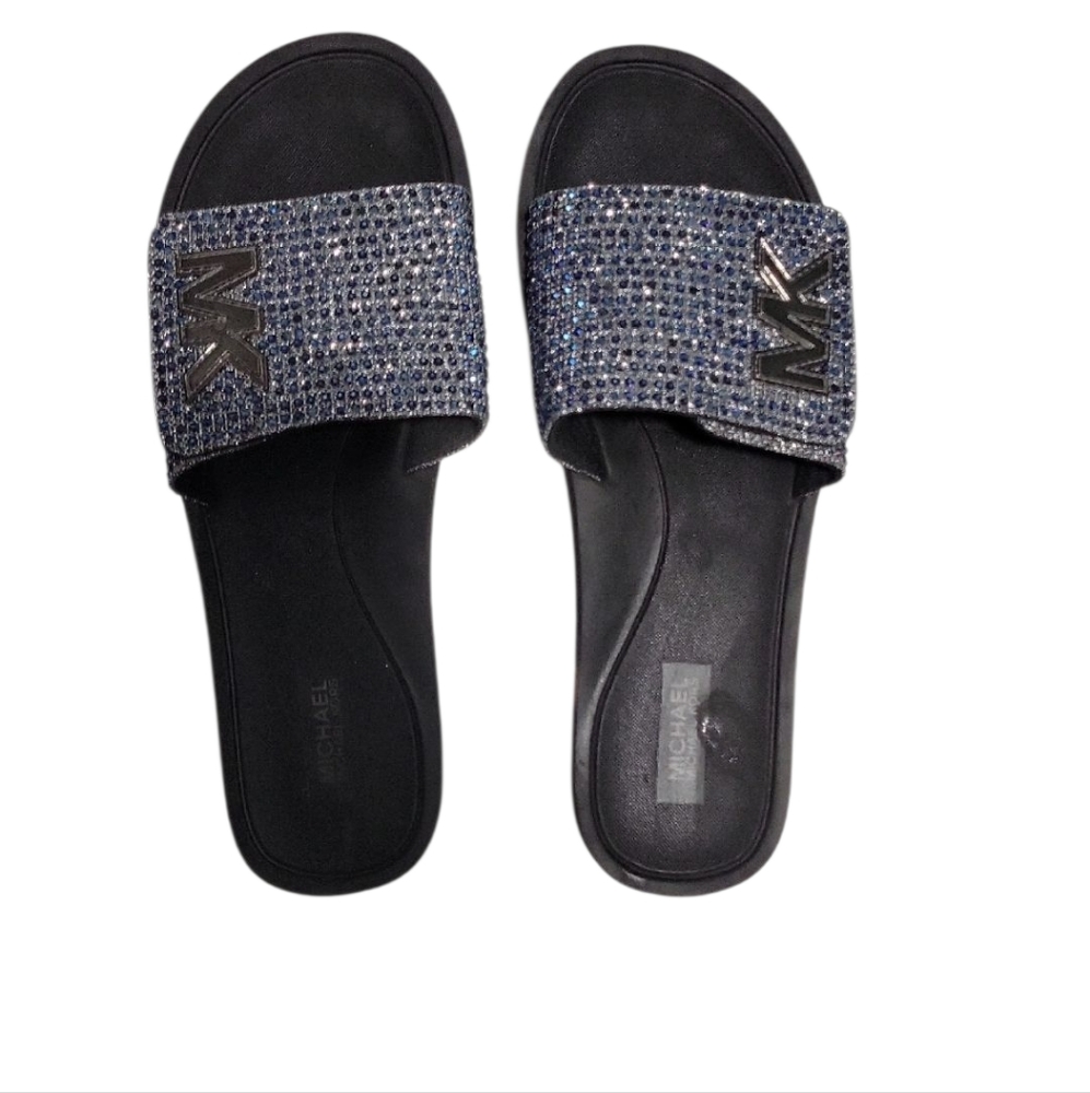 Michael Kors Blue Rhinestone Black Slide Sandals 10M
